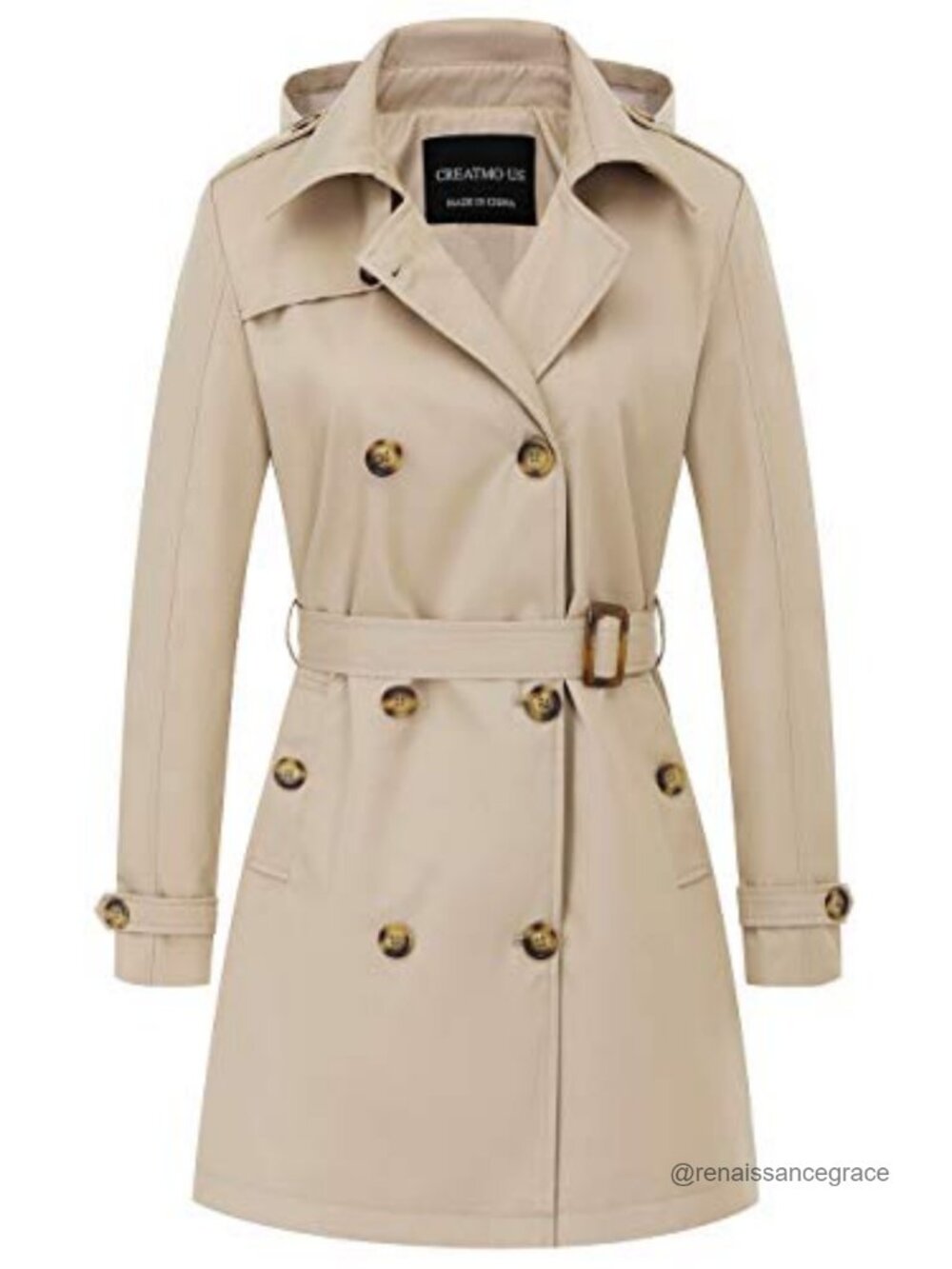 Women's Double-Breasted Trench Coat Belted Slim Overcoat with Detachable Hood